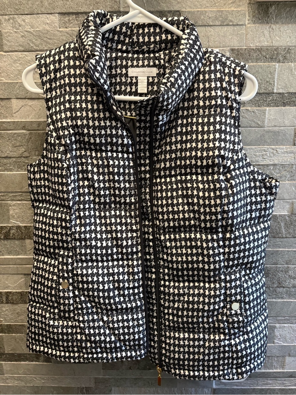 Charter Club Black & White Houndstooth Puffer Vest